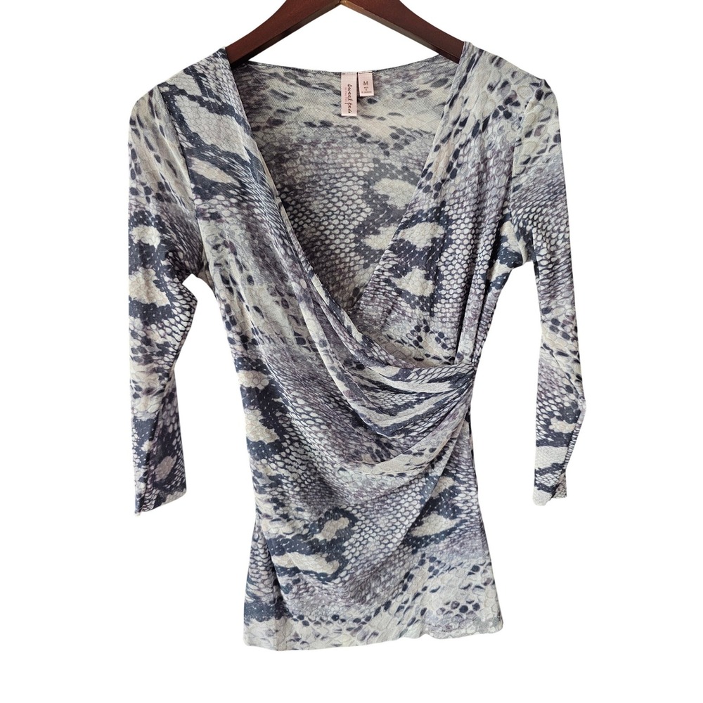 Sweet Pea by Stacy Frati Snakeskin Mesh Top Grey Black Faux Wrap V-Neck Medium